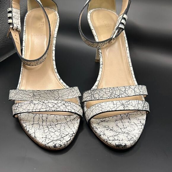 J Crew Size 9 Crackled Ankle Strap High Heel Leather Sandals White Black Marble - Picture 8 of 9